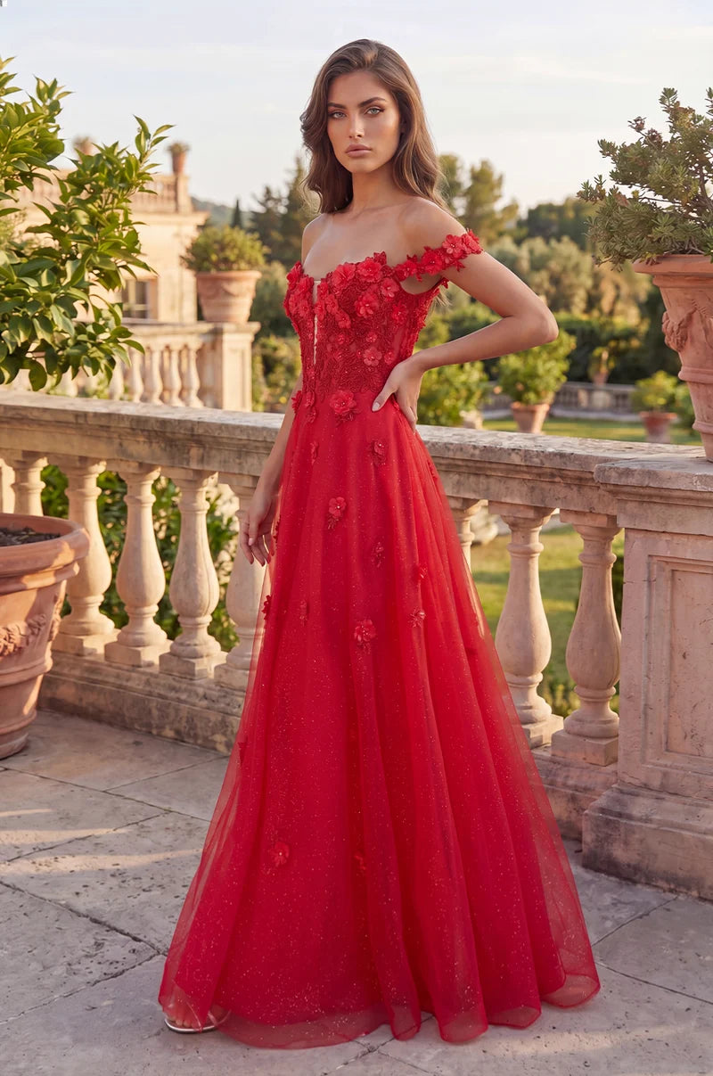 Romantic A-Line Sweetheart Off-Shoulder Floral V-Back Tulle Floor-Length Prom Dress
