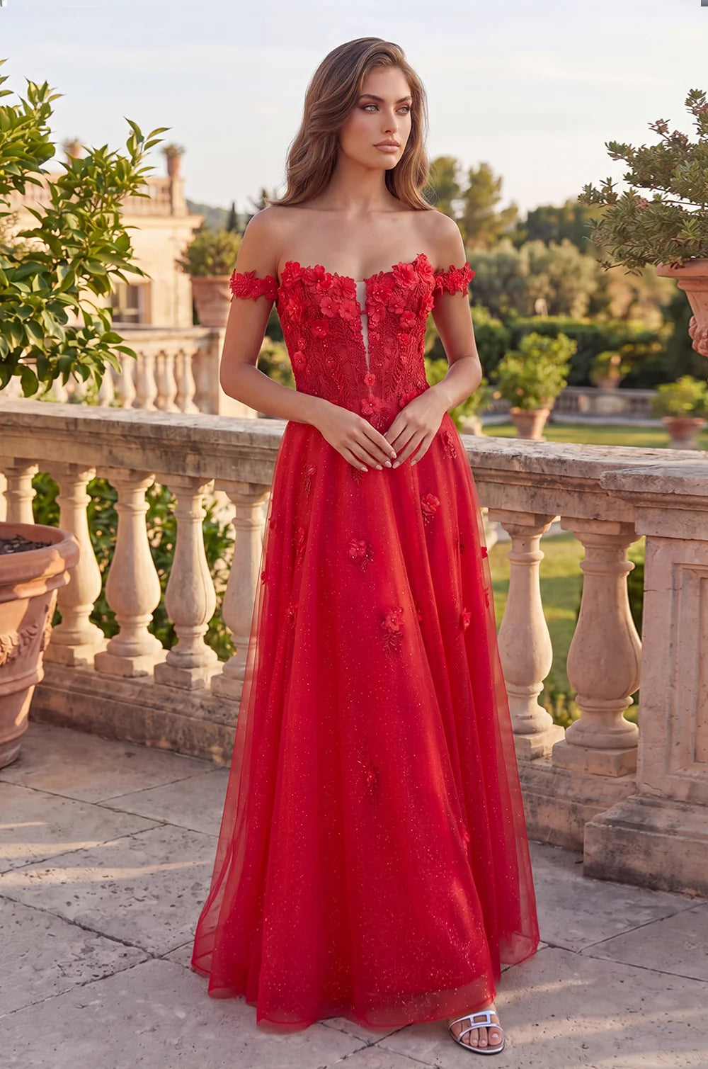 Romantic A-Line Sweetheart Off-Shoulder Floral V-Back Tulle Floor-Length Prom Dress