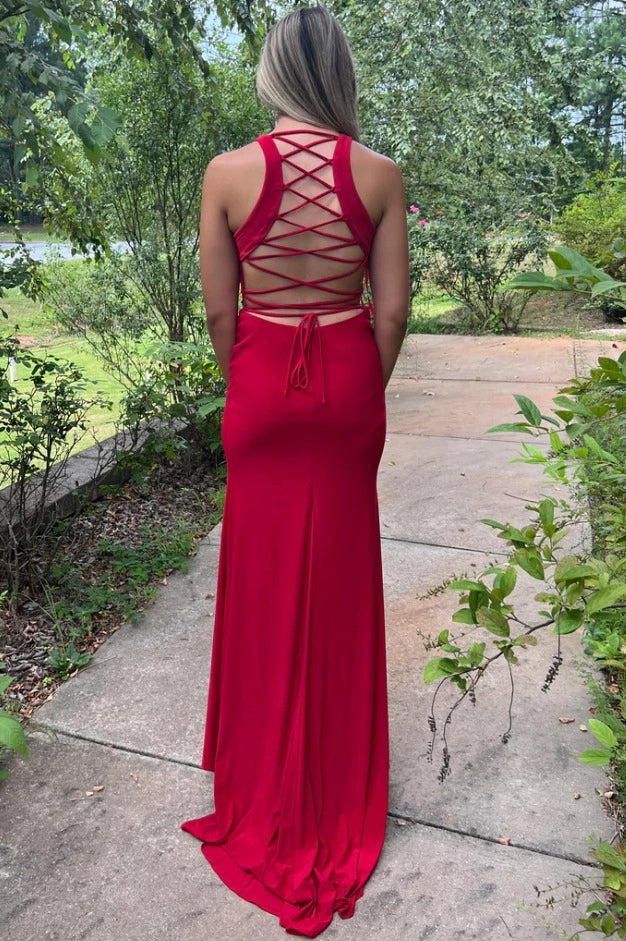 Loverlm Elegant Red Jersey Mermaid Halter-Neck Sleeveless Lace-Up-Back Floor-Length Evening Dress