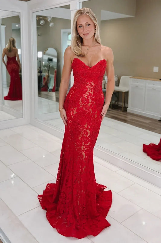 Loverlm red lace mermaid prom dress with sweetheart strapless bodice, sheer lace detailing and floor length train front view