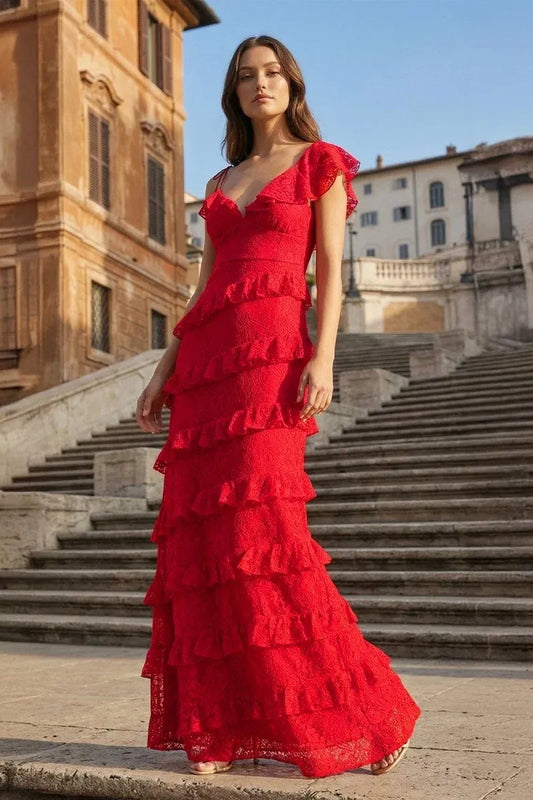 Loverlm red lace sheath prom dress with V-neck asymmetric ruffle sleeve and tiered floor length skirt front view