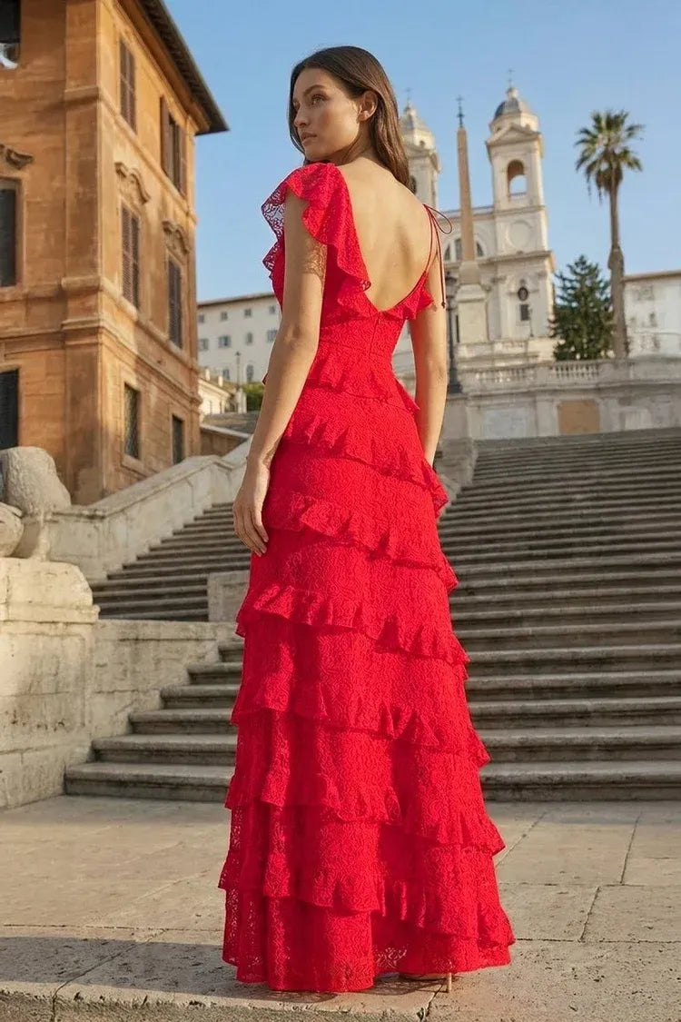 Romantic Lace Sheath V-Neck Asymmetric Sleeve Open-Back Floor-Length Prom Dress