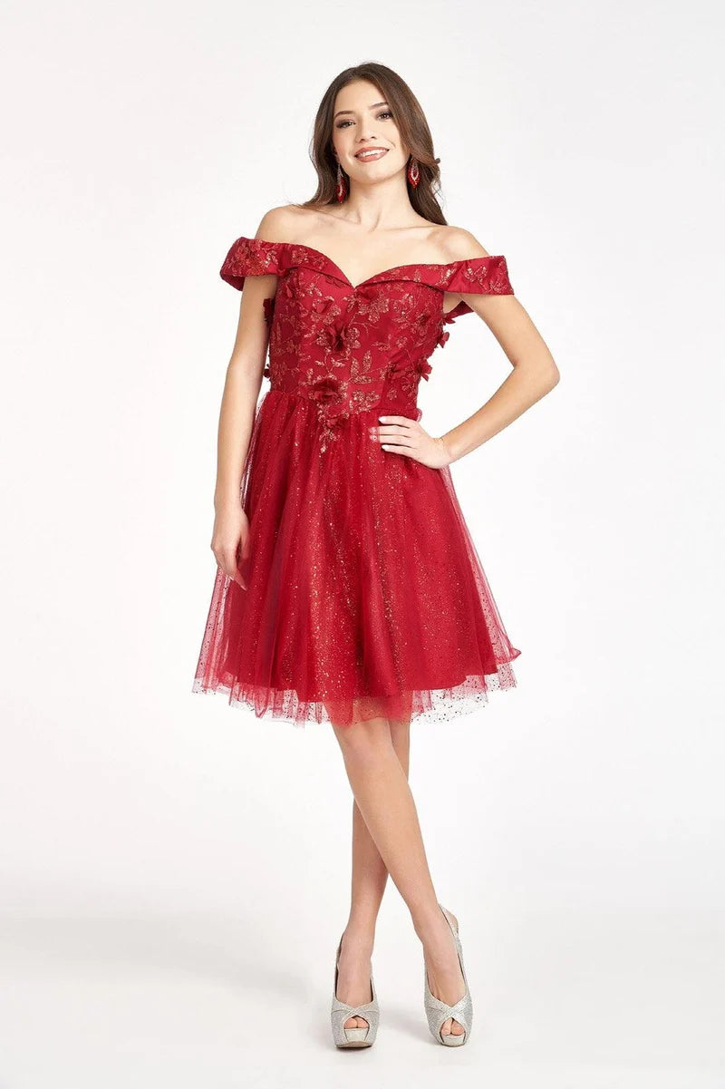 Loverlm red embroidered off-shoulder tulle mini homecoming dress front view