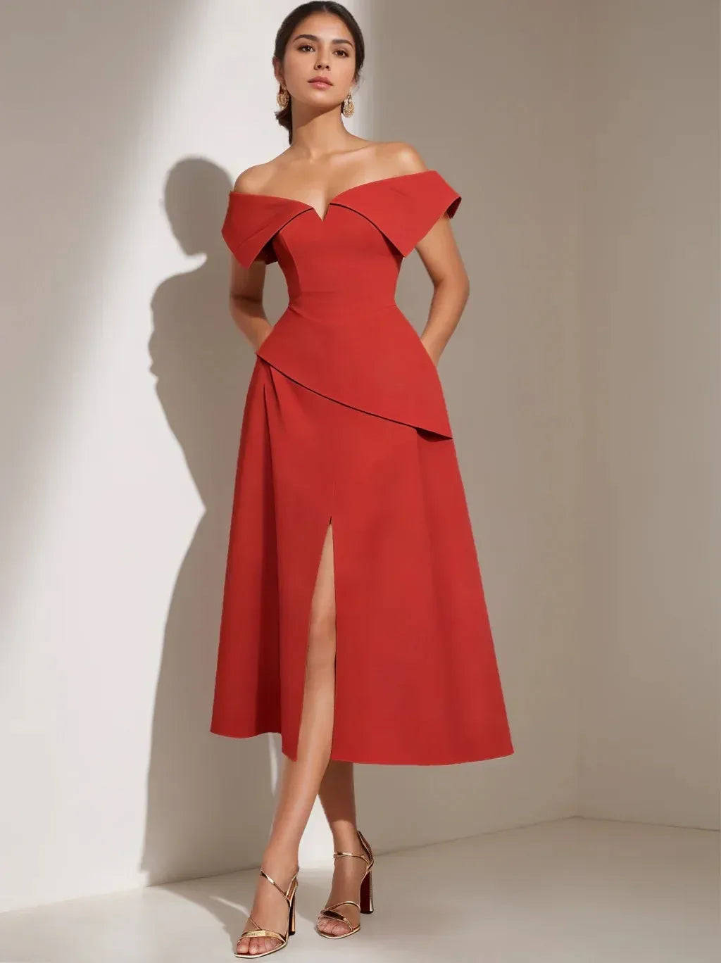 Loverlm red off shoulder midi wedding guest dress with asymmetric waist detail and front slit front view