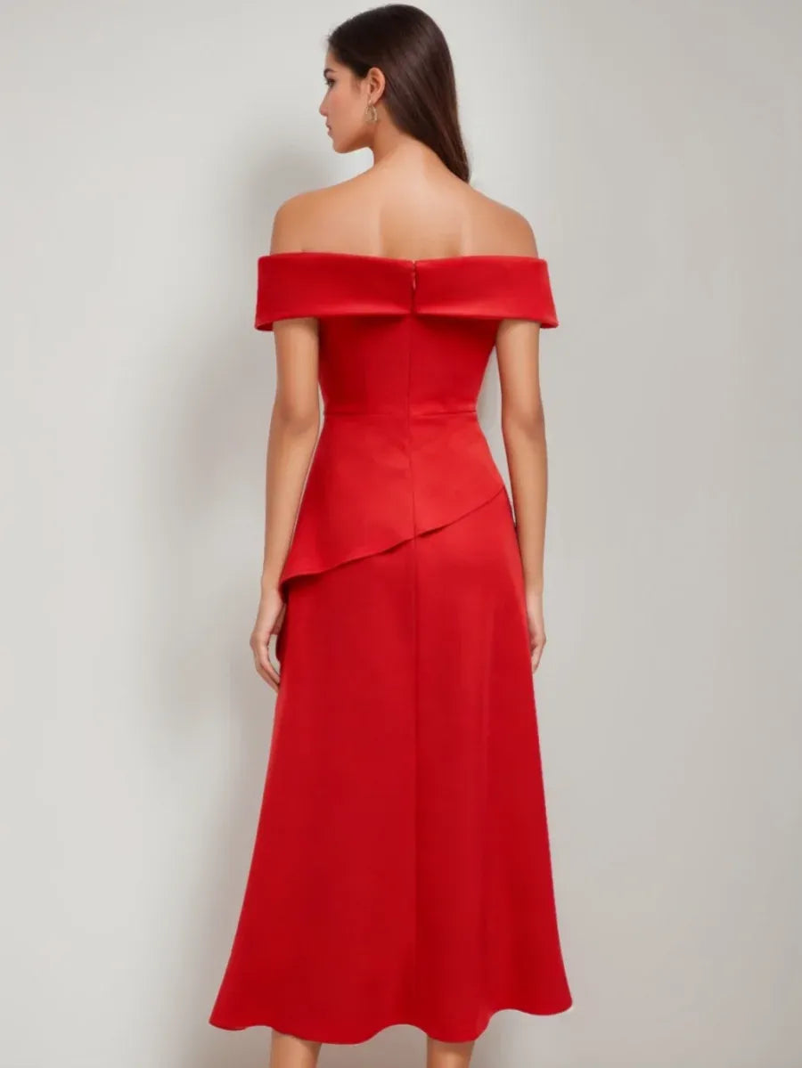 Elegant A-Line Off Shoulder Short Sleeve Zip Back Midi Wedding Guest Dress