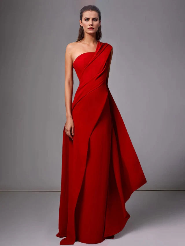Elegant Sheath One Shoulder Sleeveless Crepe Floor Length Evening Dress