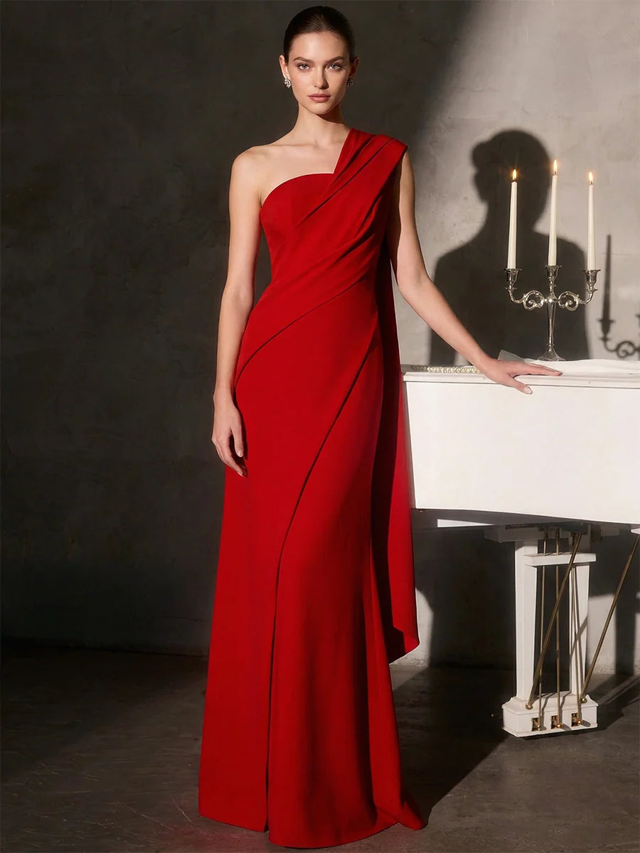 Elegant Sheath One Shoulder Sleeveless Crepe Floor Length Evening Dress