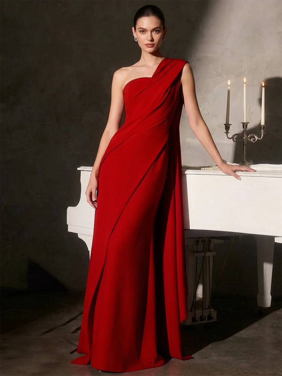 Elegant Sheath One Shoulder Sleeveless Crepe Floor Length Evening Dress