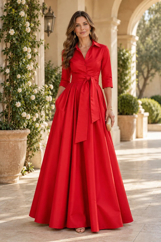 Loverlm red satin collared V-neck A-line Mother of the Bride dress with tie waist front view