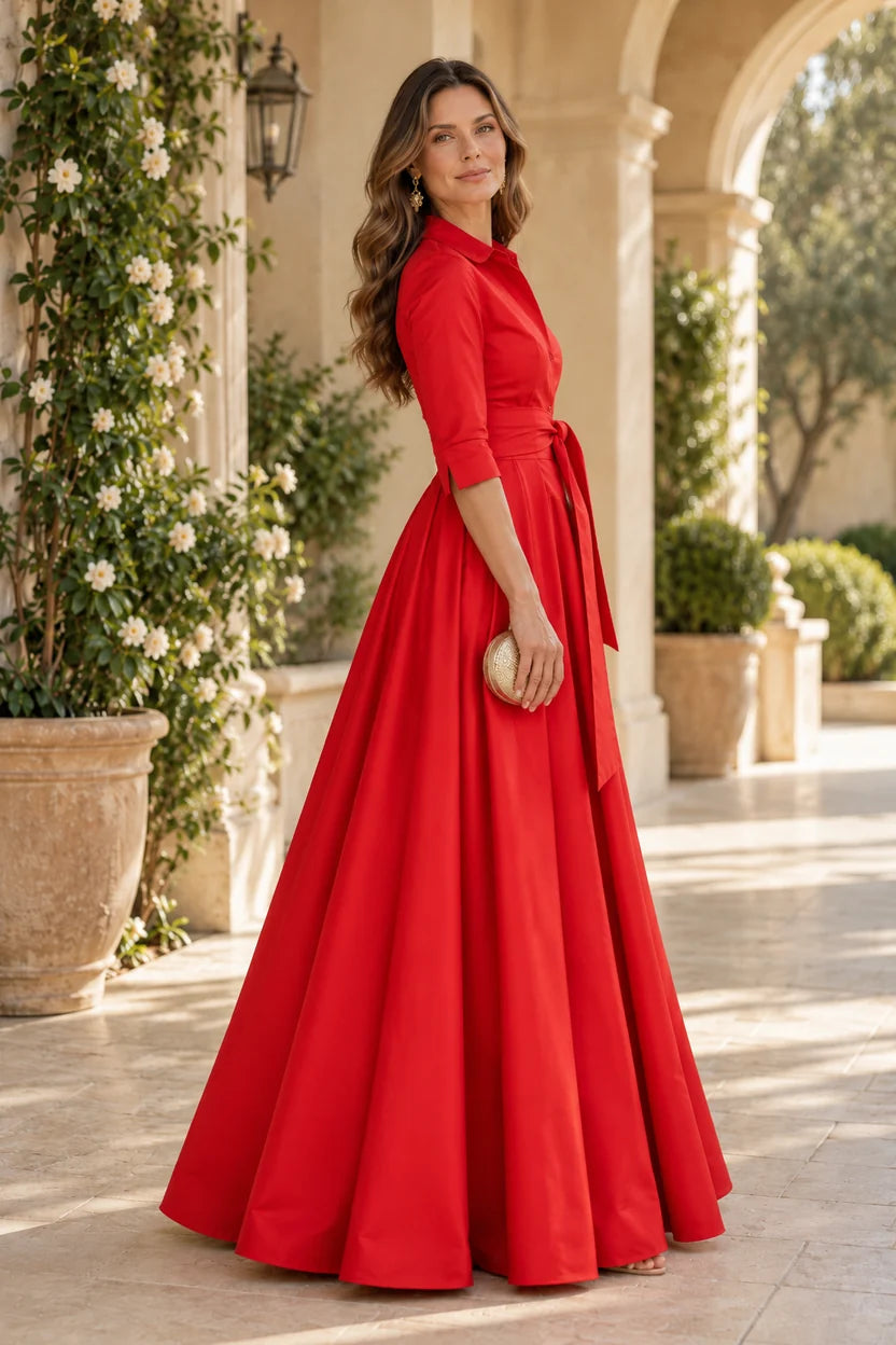Elegant A-Line Collared V-Neck Three-Quarter Sleeve Satin Floor-Length Mother of the Bride Dress