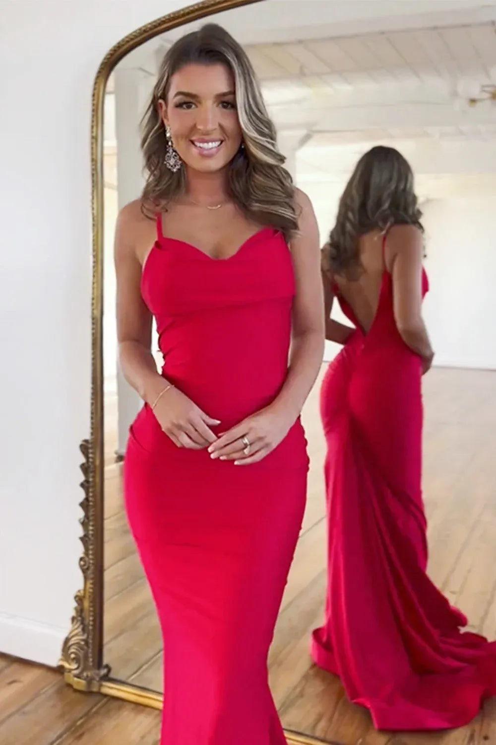 Elegant Satin Mermaid Cowl Neck Sleeveless Open Back Floor Length Prom Dress