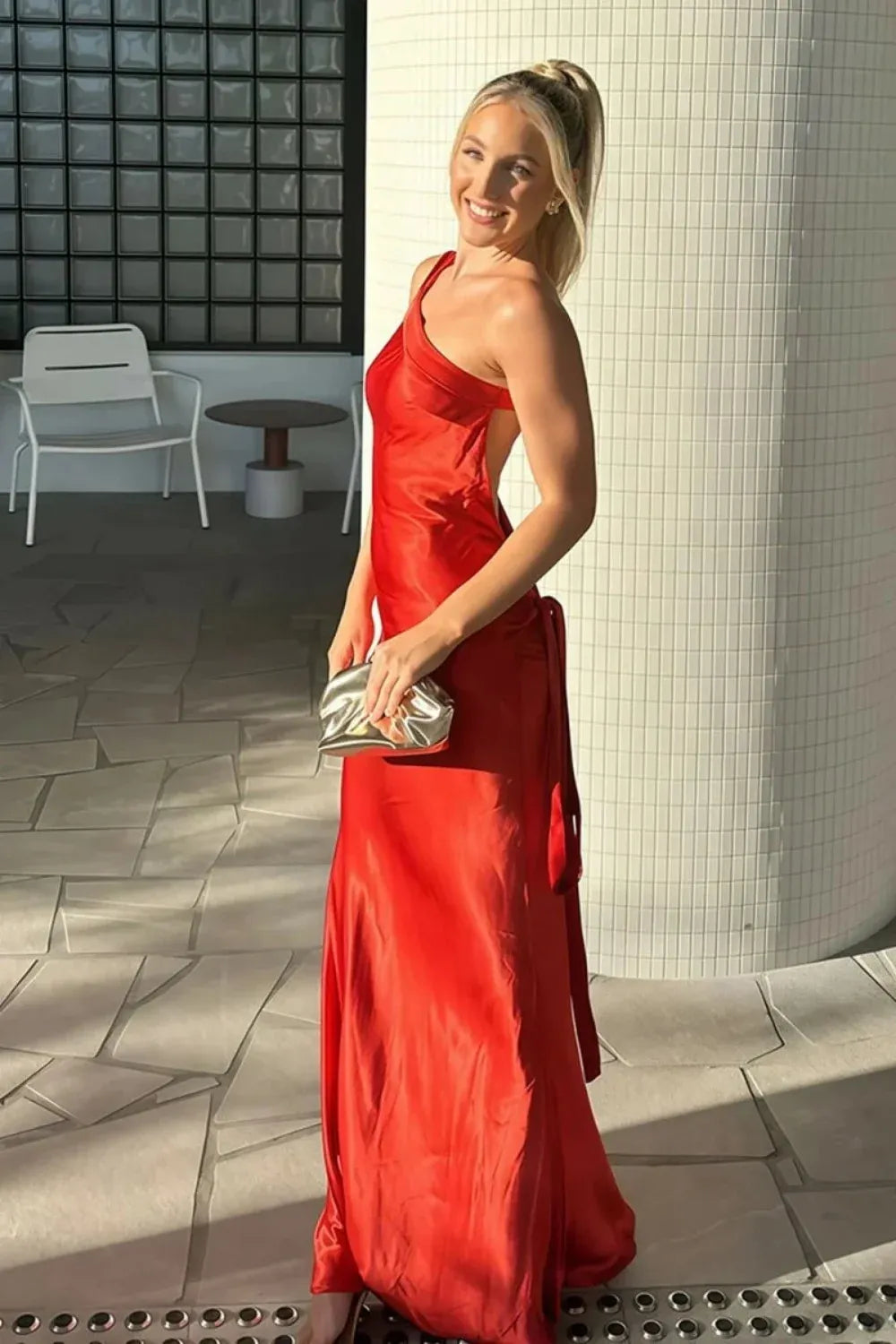 Glamorous Satin Sheath One-Shoulder Sleeveless Backless Floor-Length Red Prom Dress