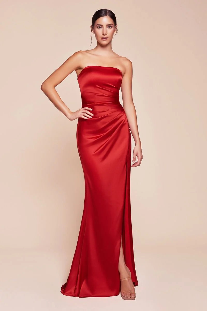 Loverlm red satin strapless ruched high slit floor-length Prom Dress front view