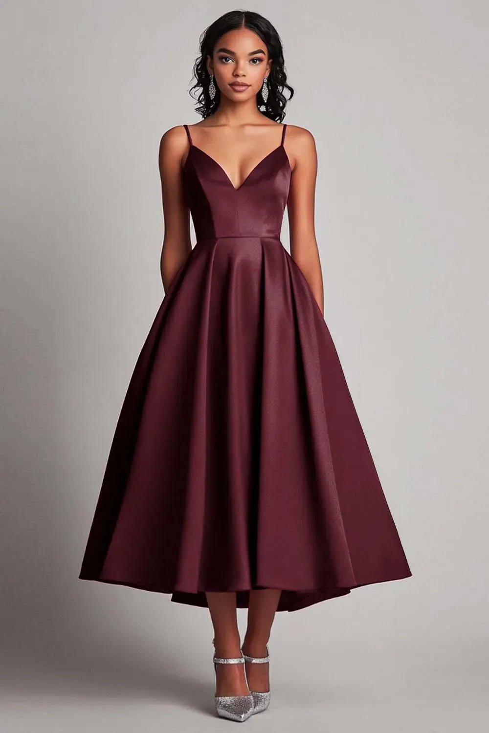 Elegant A-Line Sweetheart Spaghetti Strap Closed Back Tea Length Wedding Guest Dress