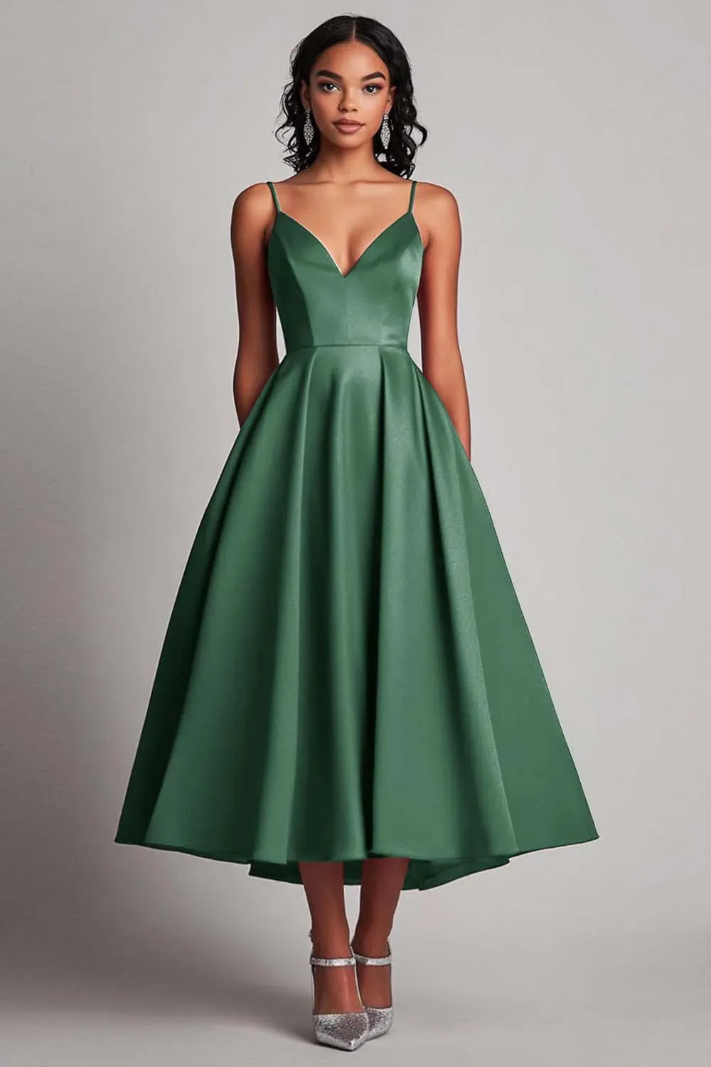 Elegant A-Line Sweetheart Spaghetti Strap Closed Back Tea Length Wedding Guest Dress