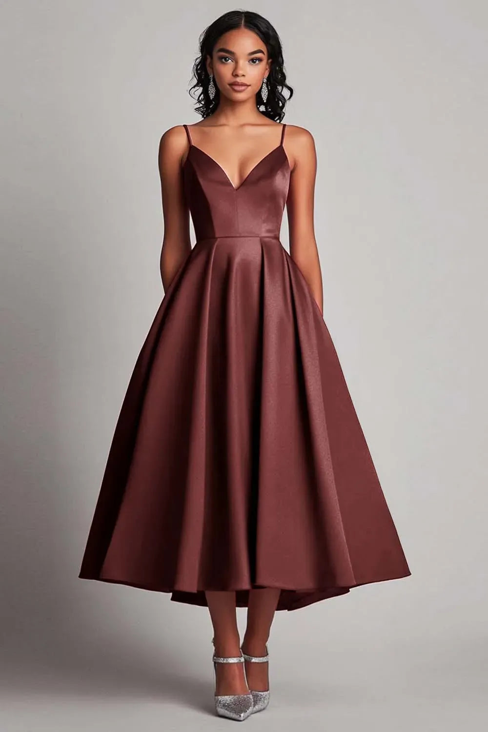 Elegant A-Line Sweetheart Spaghetti Strap Closed Back Tea Length Wedding Guest Dress