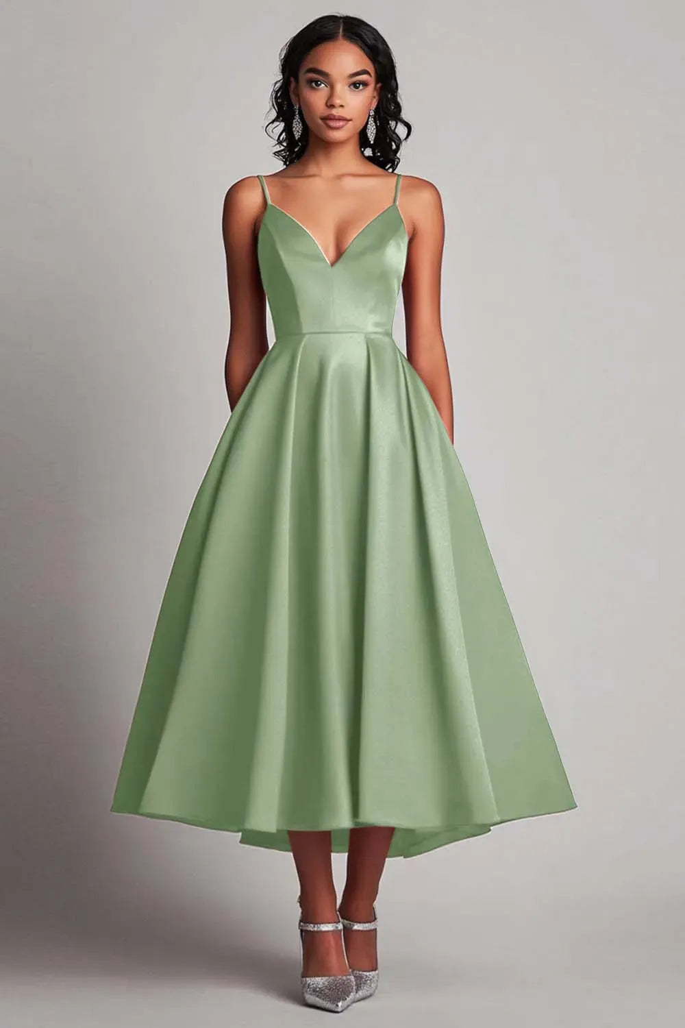 Elegant A-Line Sweetheart Spaghetti Strap Closed Back Tea Length Wedding Guest Dress