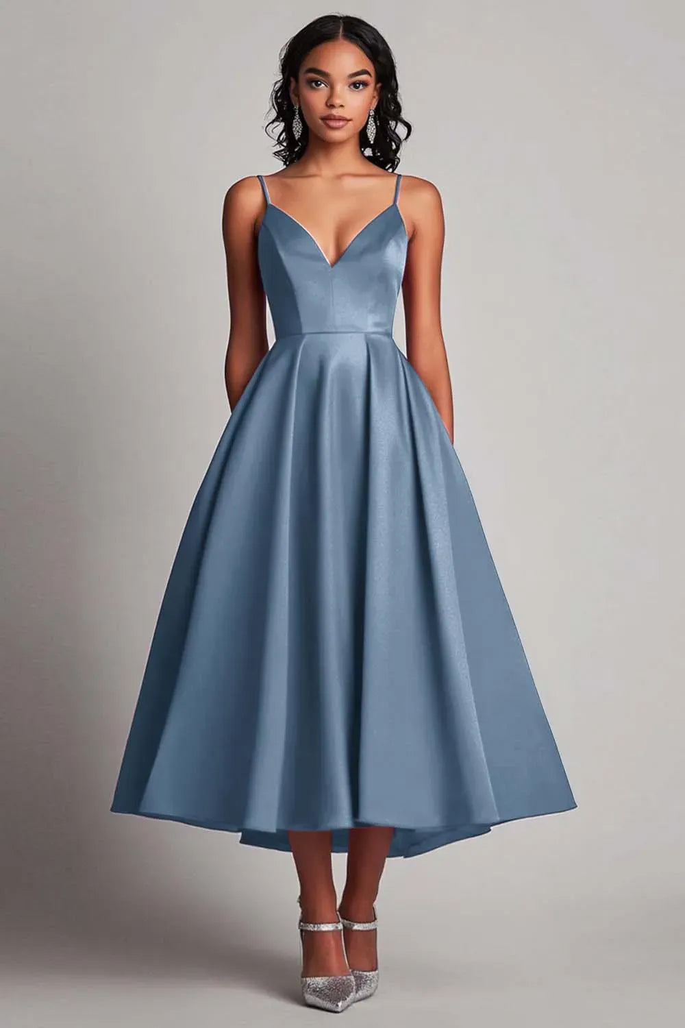 Elegant A-Line Sweetheart Spaghetti Strap Closed Back Tea Length Wedding Guest Dress