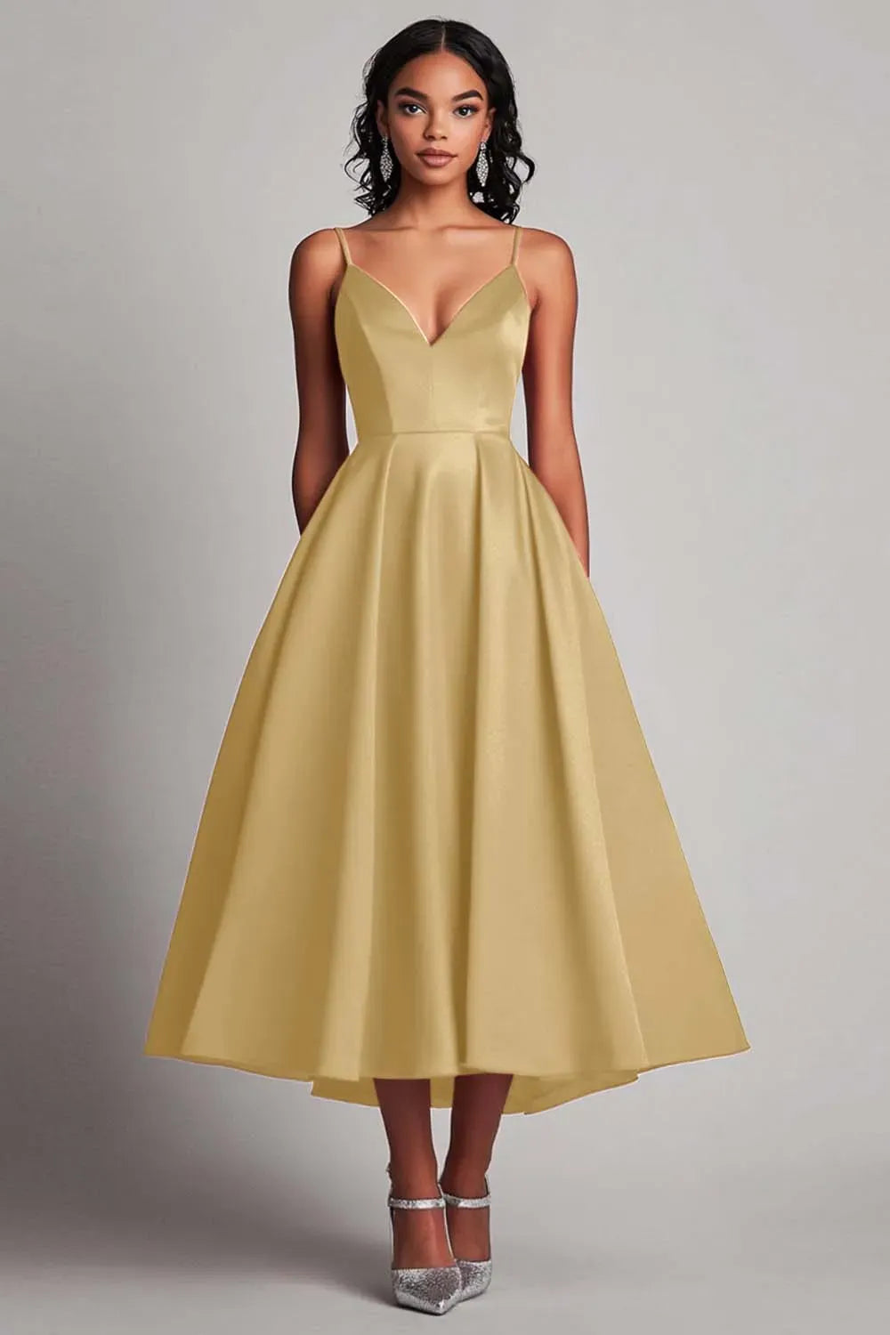 Elegant A-Line Sweetheart Spaghetti Strap Closed Back Tea Length Wedding Guest Dress
