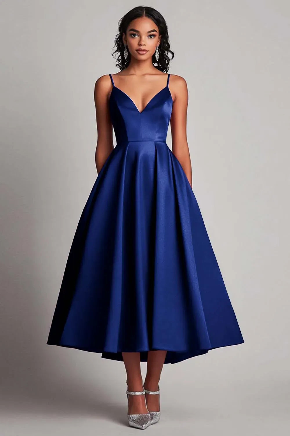 Elegant A-Line Sweetheart Spaghetti Strap Closed Back Tea Length Wedding Guest Dress