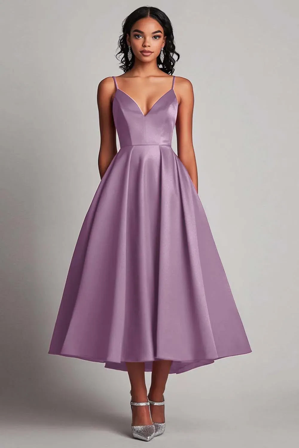 Elegant A-Line Sweetheart Spaghetti Strap Closed Back Tea Length Wedding Guest Dress