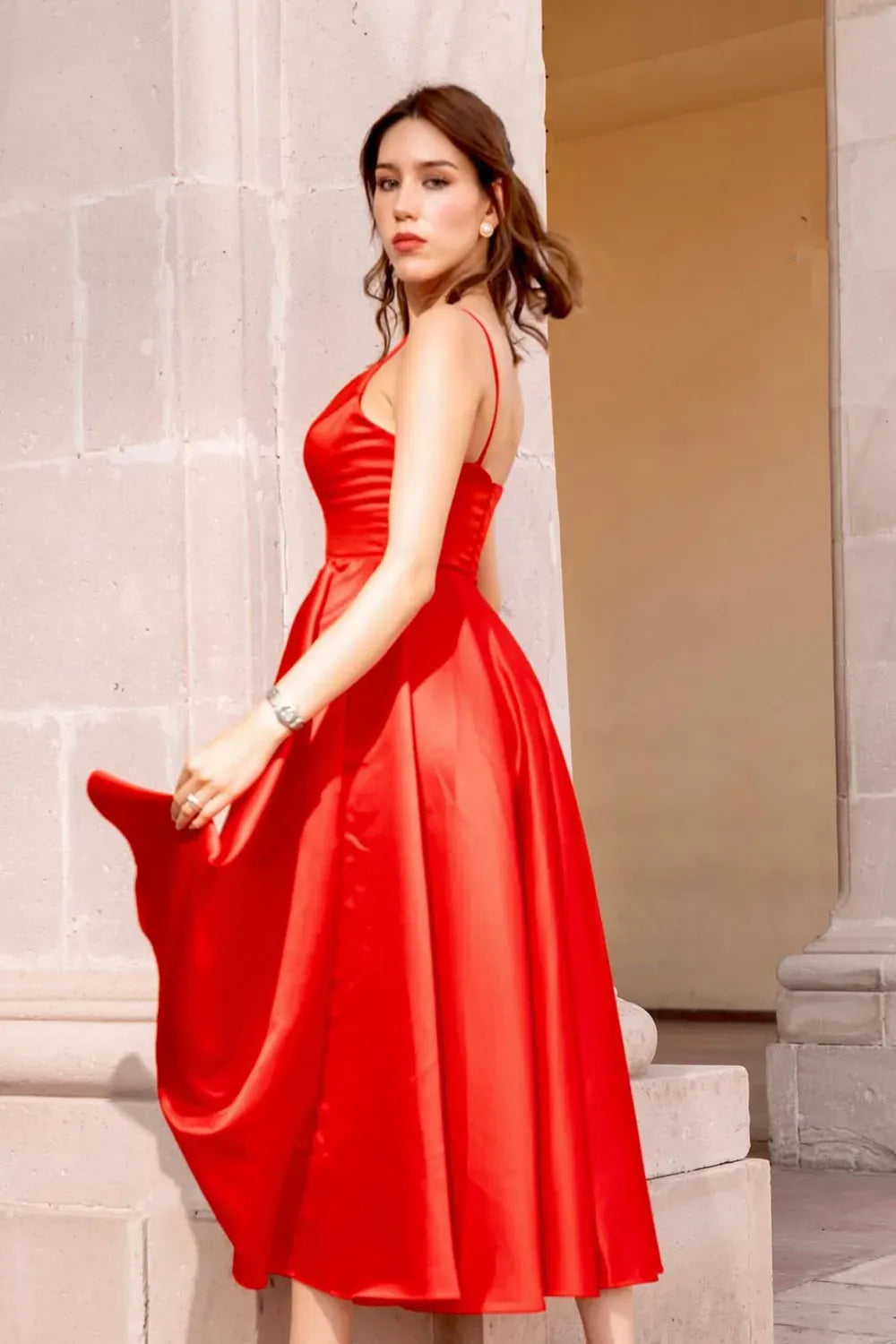 Elegant A-Line Sweetheart Spaghetti Strap Closed Back Tea Length Wedding Guest Dress