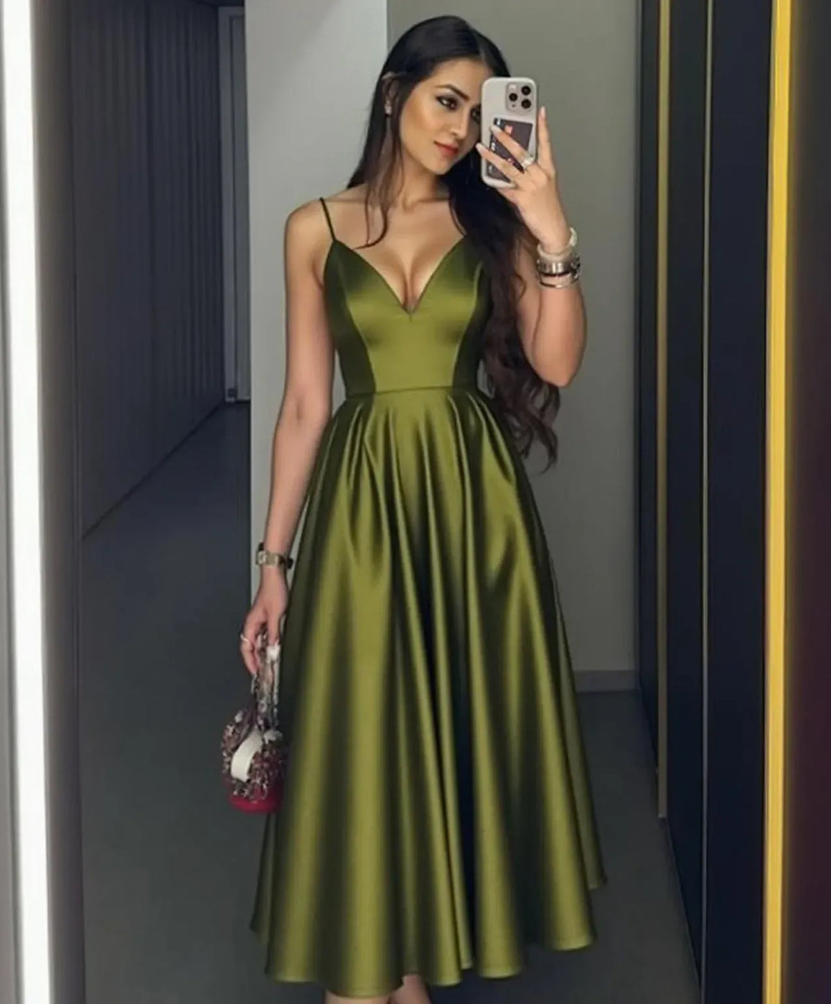Elegant A-Line Sweetheart Spaghetti Strap Closed Back Tea Length Wedding Guest Dress