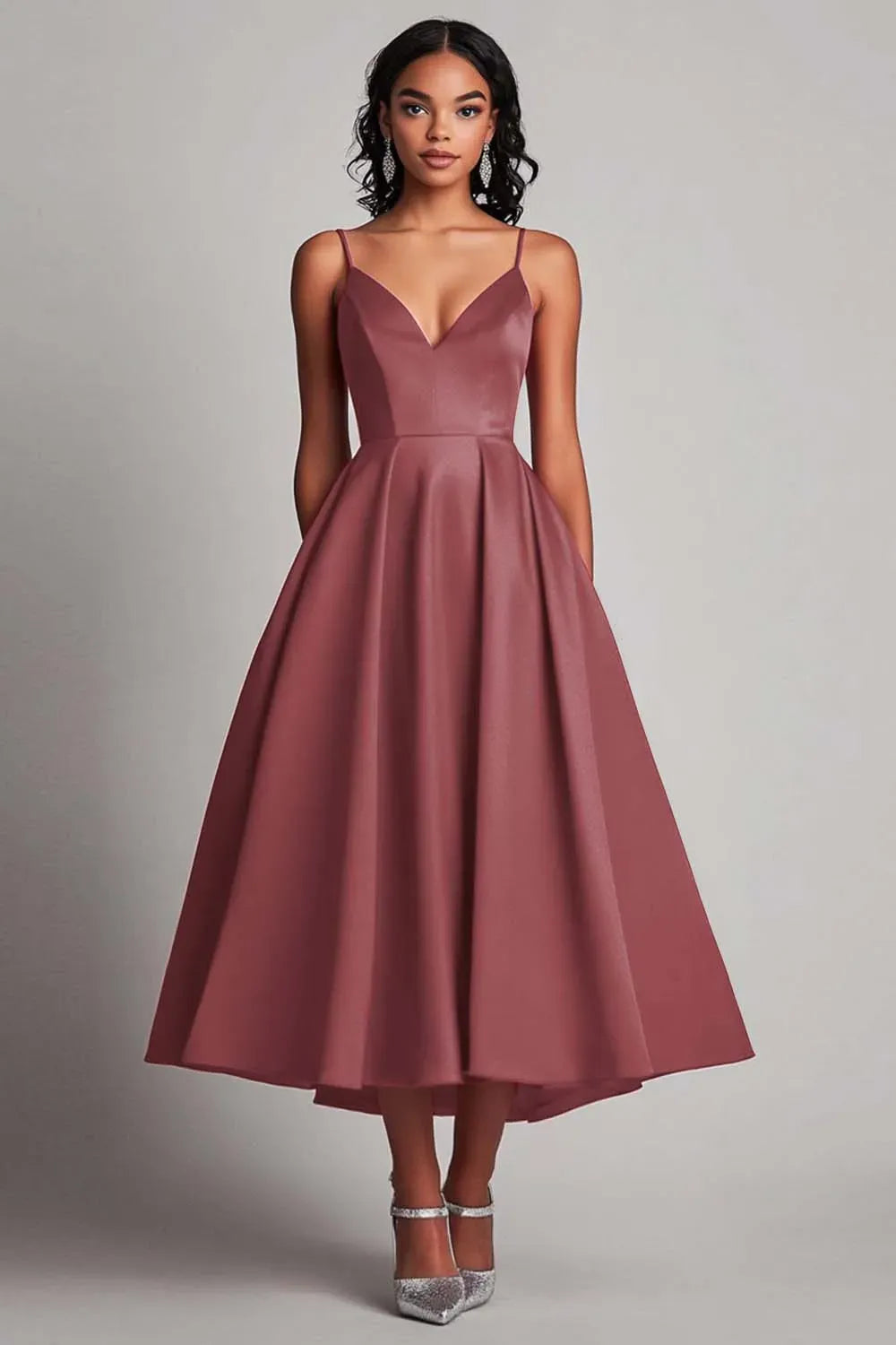 Elegant A-Line Sweetheart Spaghetti Strap Closed Back Tea Length Wedding Guest Dress