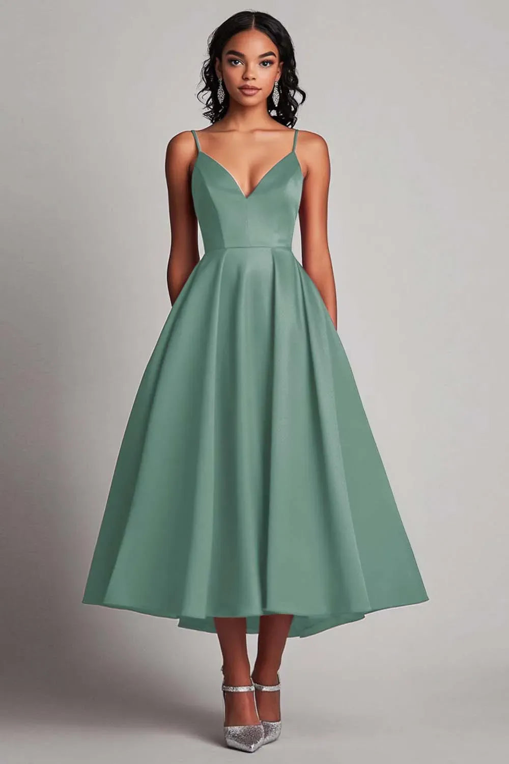 Elegant A-Line Sweetheart Spaghetti Strap Closed Back Tea Length Wedding Guest Dress