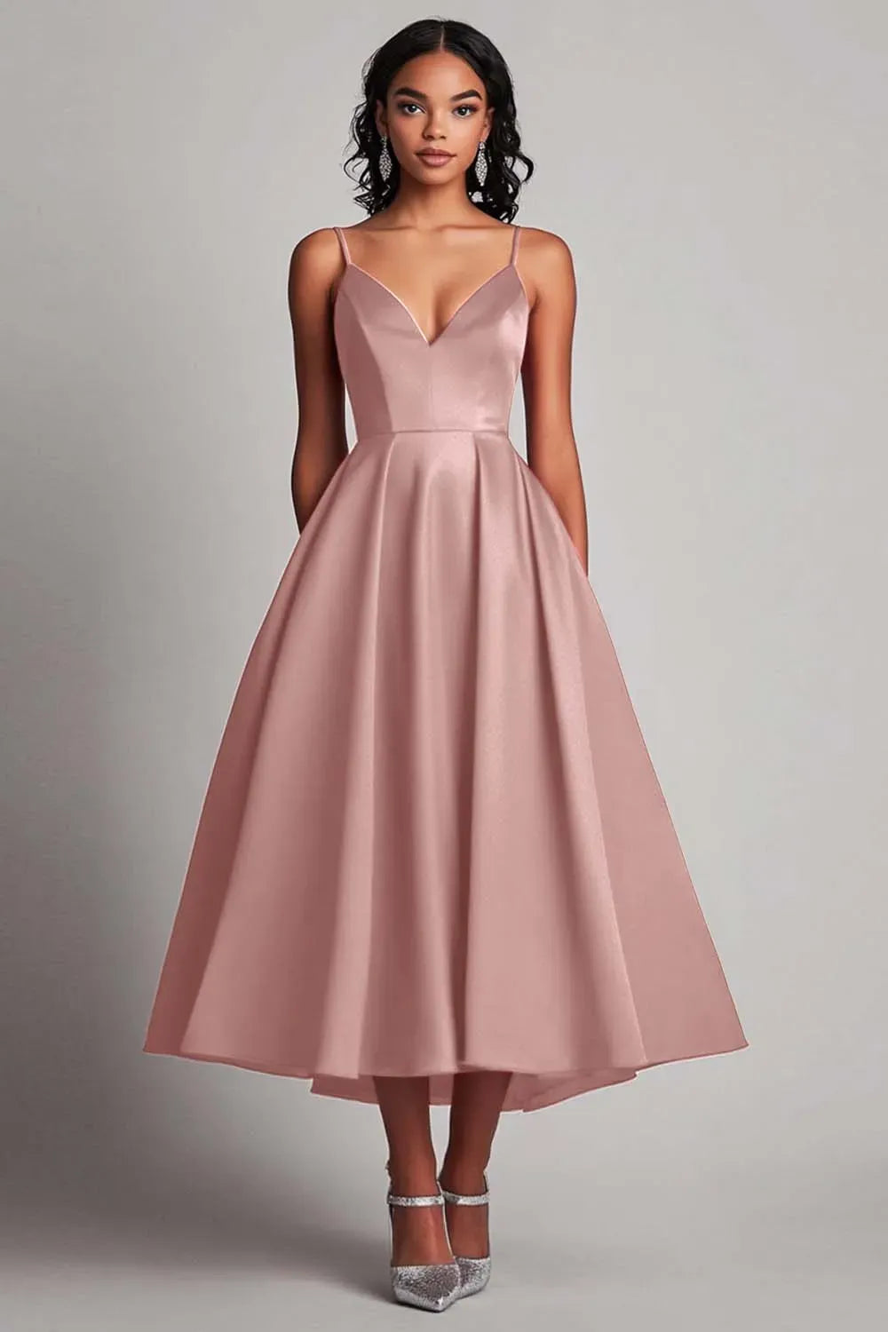 Elegant A-Line Sweetheart Spaghetti Strap Closed Back Tea Length Wedding Guest Dress