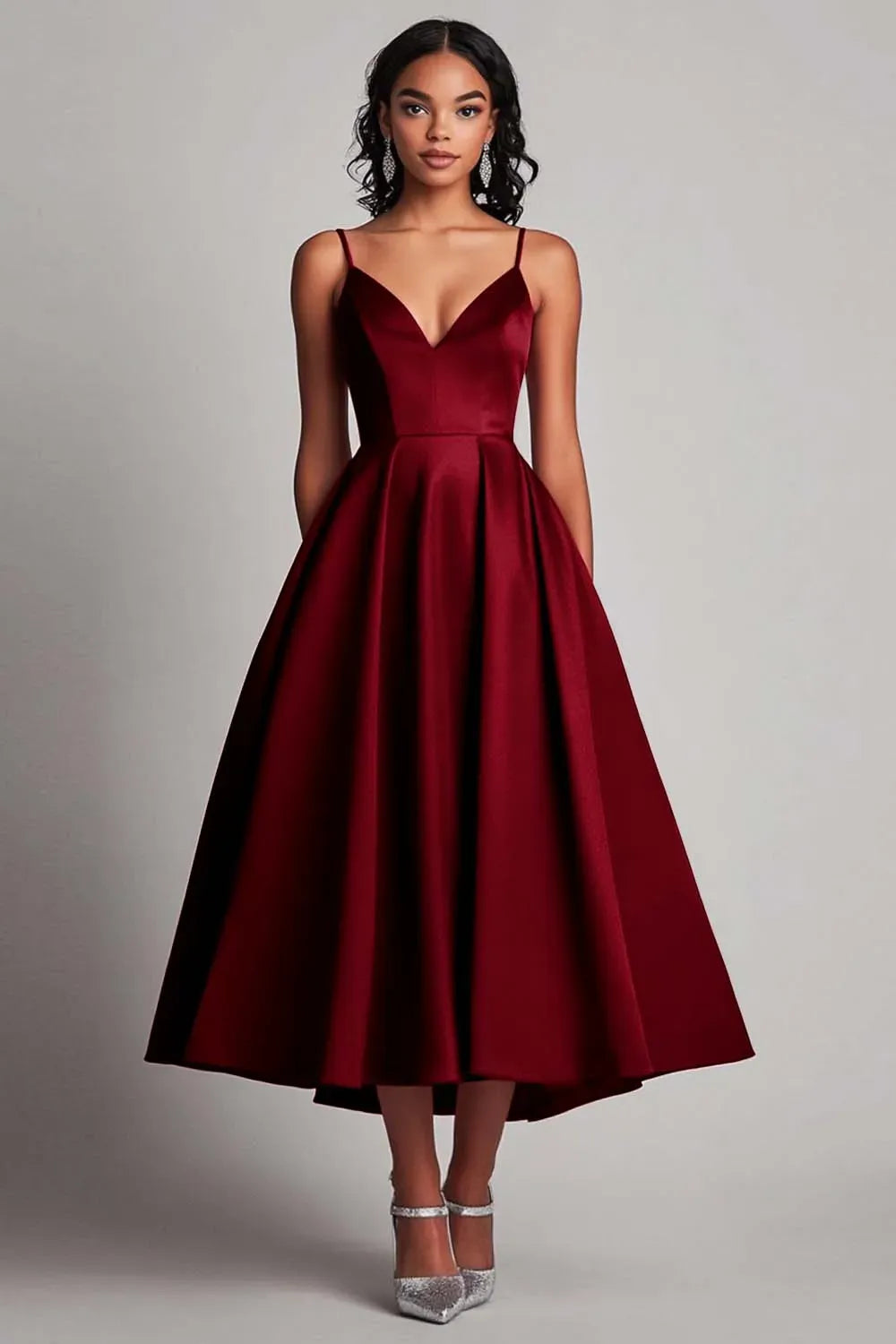 Elegant A-Line Sweetheart Spaghetti Strap Closed Back Tea Length Wedding Guest Dress