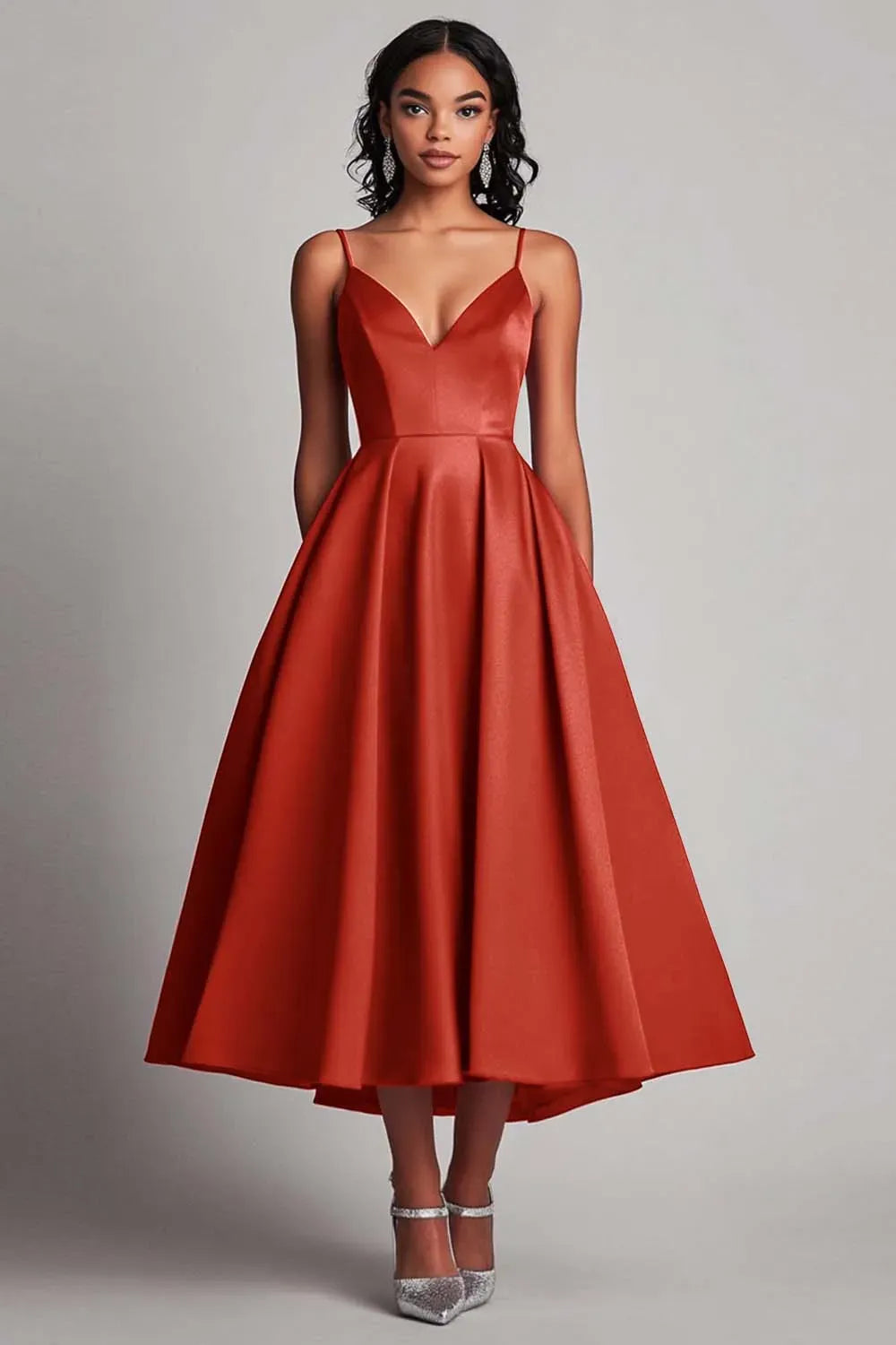 Elegant A-Line Sweetheart Spaghetti Strap Closed Back Tea Length Wedding Guest Dress