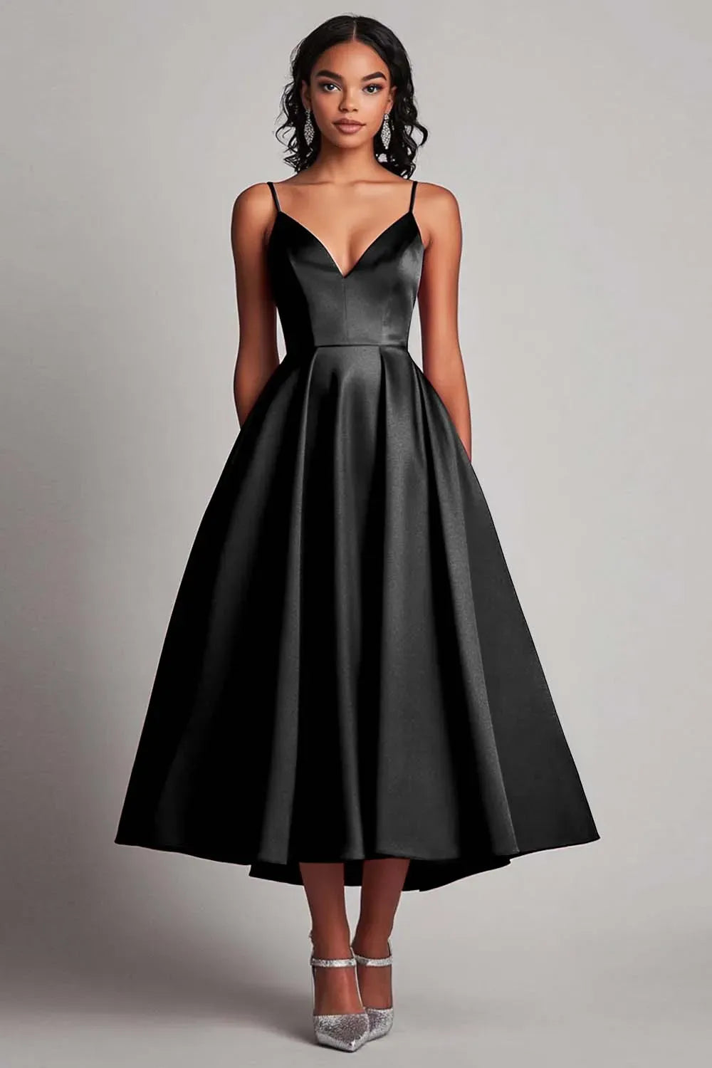 Elegant A-Line Sweetheart Spaghetti Strap Closed Back Tea Length Wedding Guest Dress