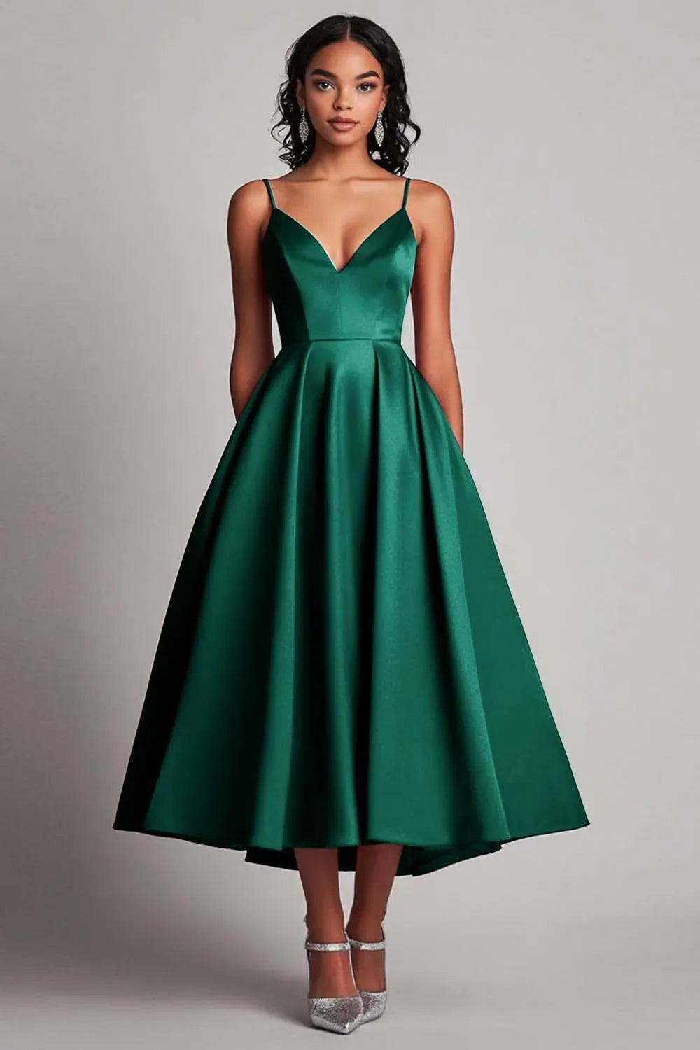Elegant A-Line Sweetheart Spaghetti Strap Closed Back Tea Length Wedding Guest Dress