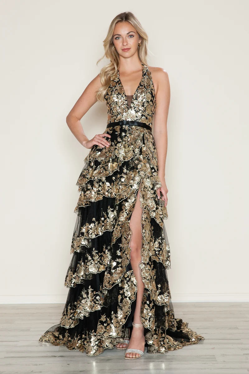 Glamorous A-Line Plunging Halter Open-Back Floor-Length Sequin Prom Dress