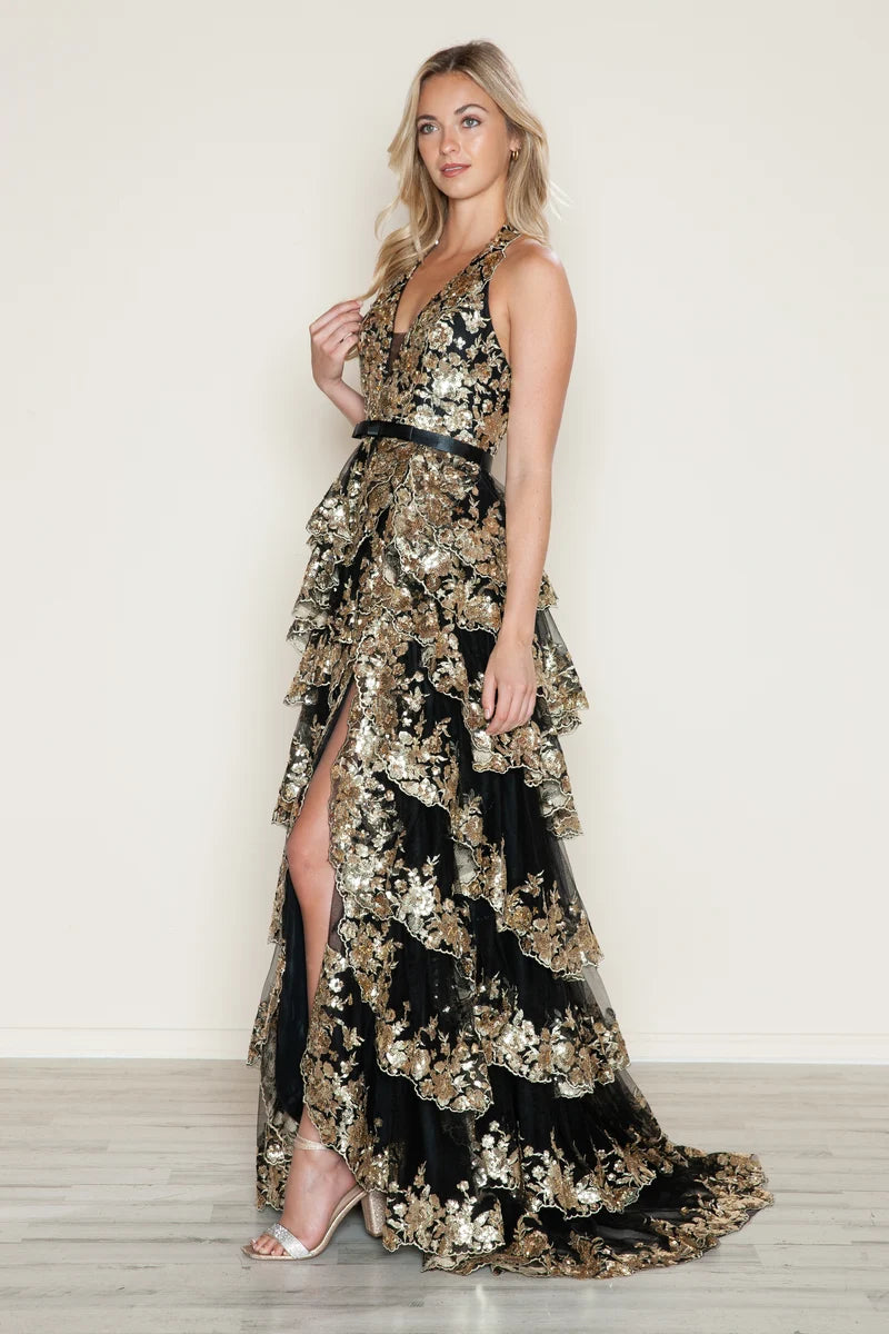 Glamorous A-Line Plunging Halter Open-Back Floor-Length Sequin Prom Dress