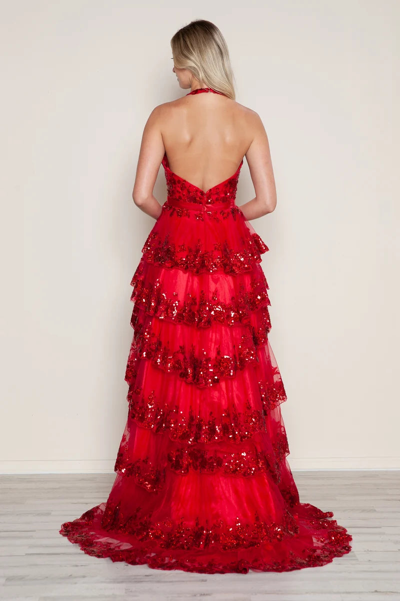 Glamorous A-Line Plunging Halter Open-Back Floor-Length Sequin Prom Dress