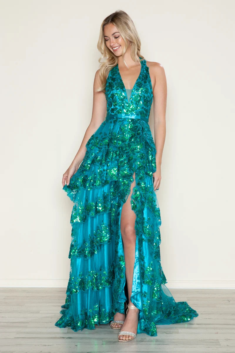 Glamorous A-Line Plunging Halter Open-Back Floor-Length Sequin Prom Dress