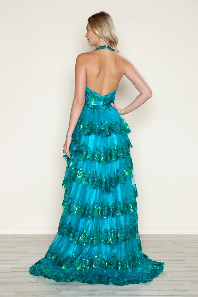 Glamorous A-Line Plunging Halter Open-Back Floor-Length Sequin Prom Dress