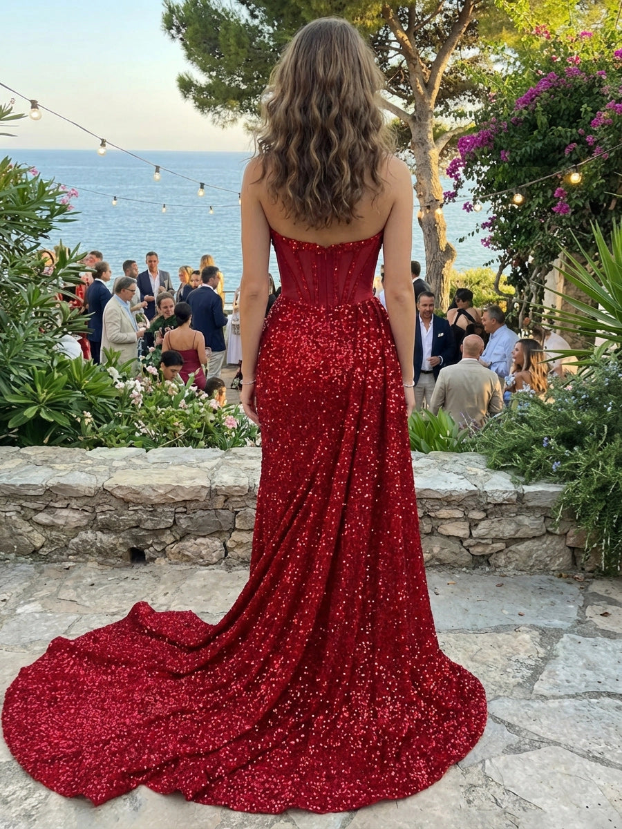 Glamorous Sequin Sheath Strapless Corset High Slit Floor Length Prom Dress