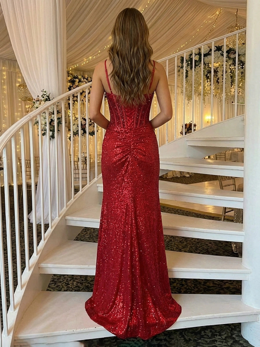 Glamorous Sequin Sheath Sweetheart Corset High Slit Floor Length Prom Dress