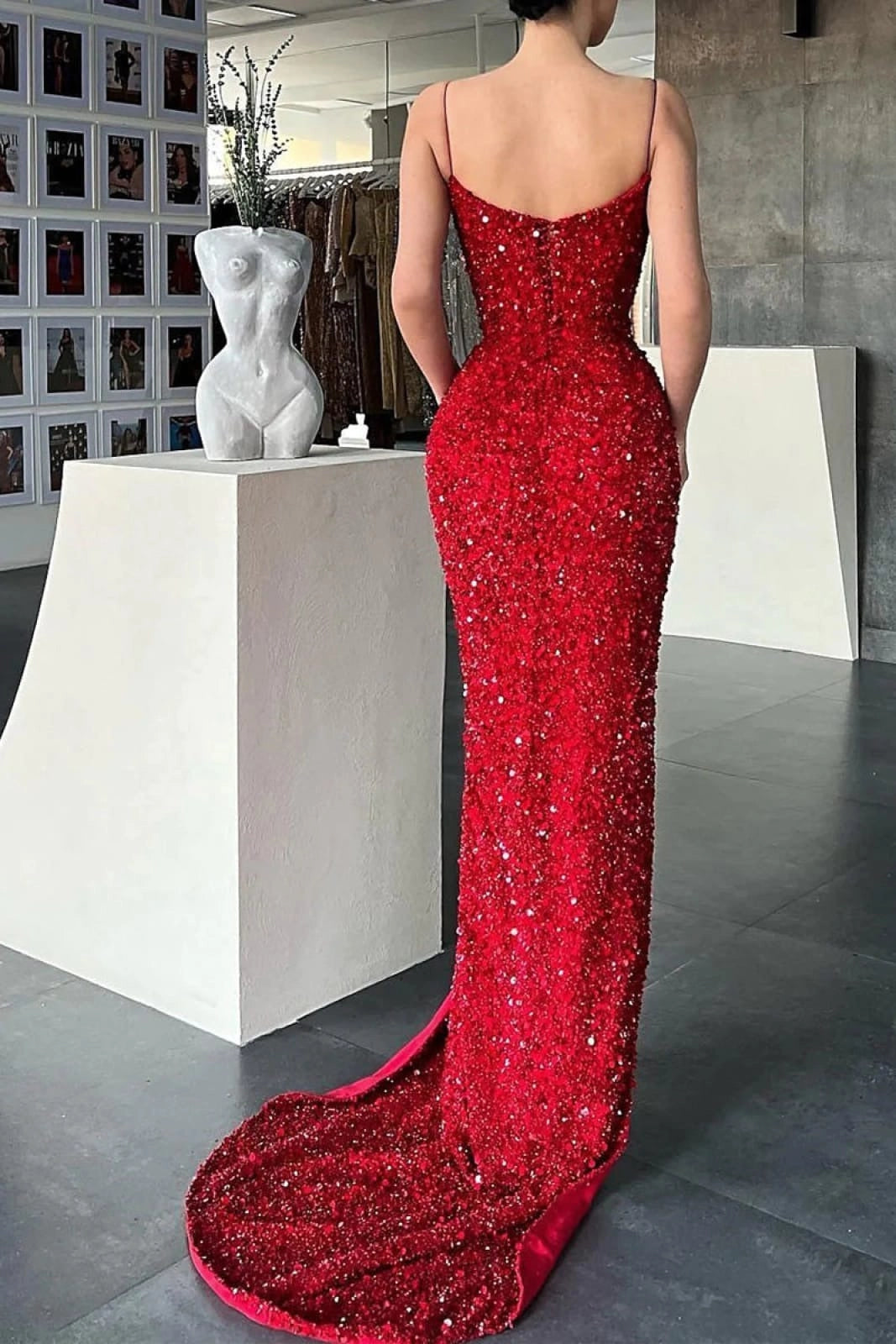 Sparkling Sequin Sheath Sweetheart Sleeveless Scoop Back Slit Train Floor-Length Prom Dress