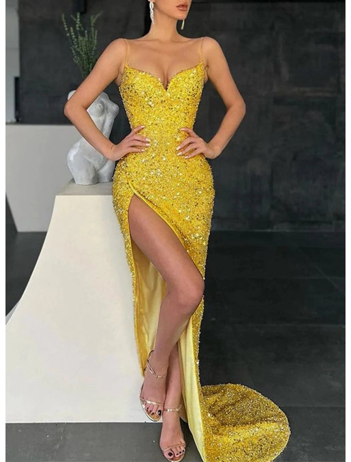 Sparkling Sequin Sheath Sweetheart Sleeveless Scoop Back Slit Train Floor-Length Prom Dress