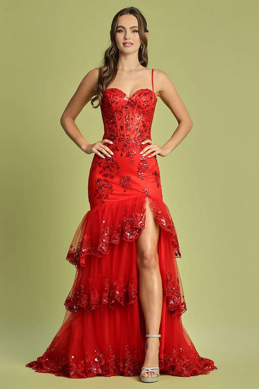 Loverlm red sweetheart sequin mermaid high slit prom dress front view