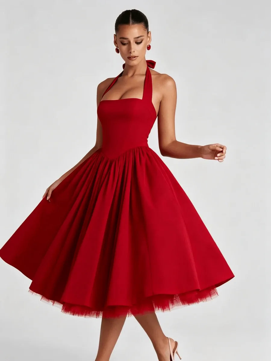 Loverlm red halter homecoming dress with square neckline and full tea-length A-line skirt