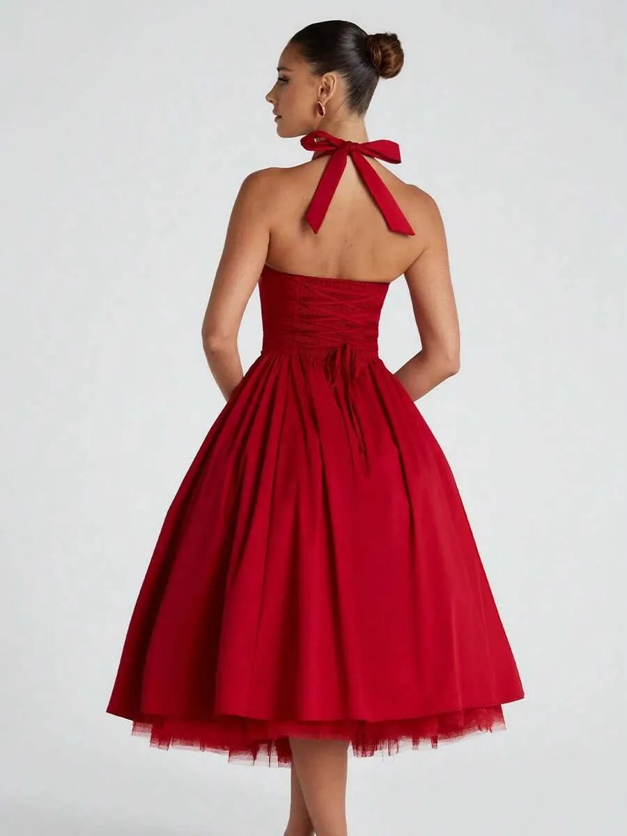 Retro A-Line Square-Neck Halter Open-Back Tea-Length Homecoming Dress