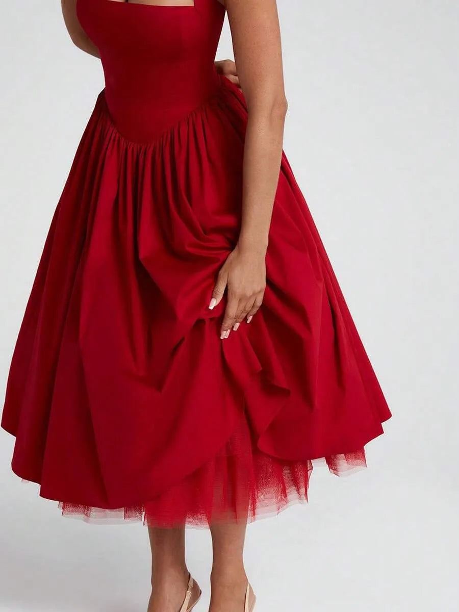 Retro A-Line Square-Neck Halter Open-Back Tea-Length Homecoming Dress