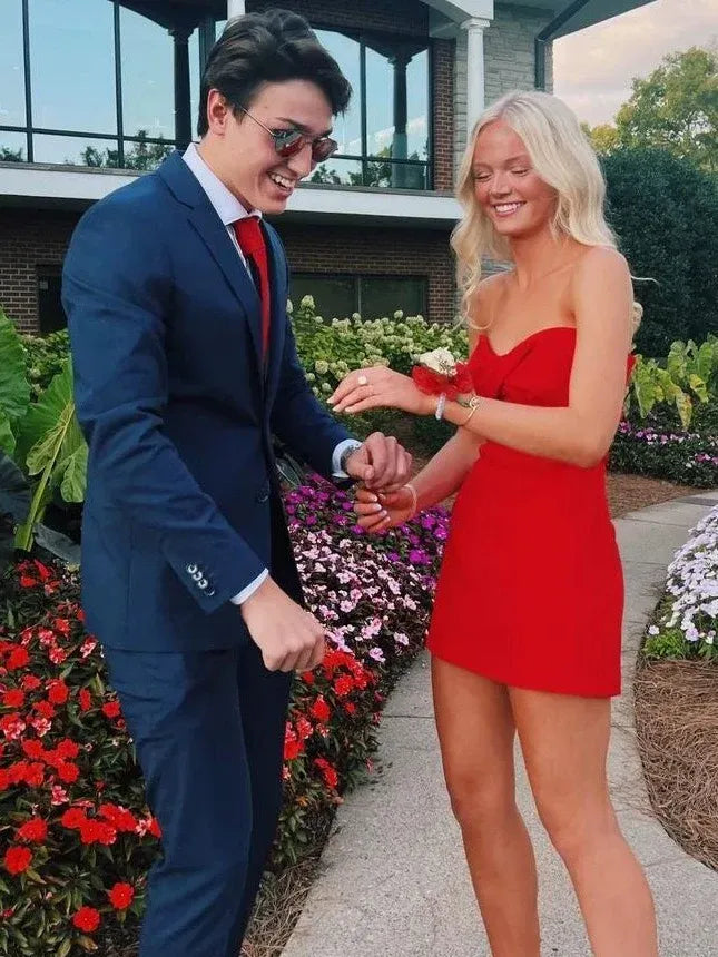 Loverlm red strapless mini homecoming dress with sweetheart neckline and fitted sheath silhouette