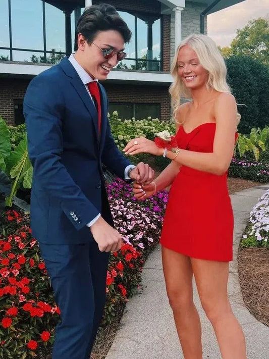 Loverlm red strapless mini homecoming dress with sweetheart neckline and fitted sheath silhouette