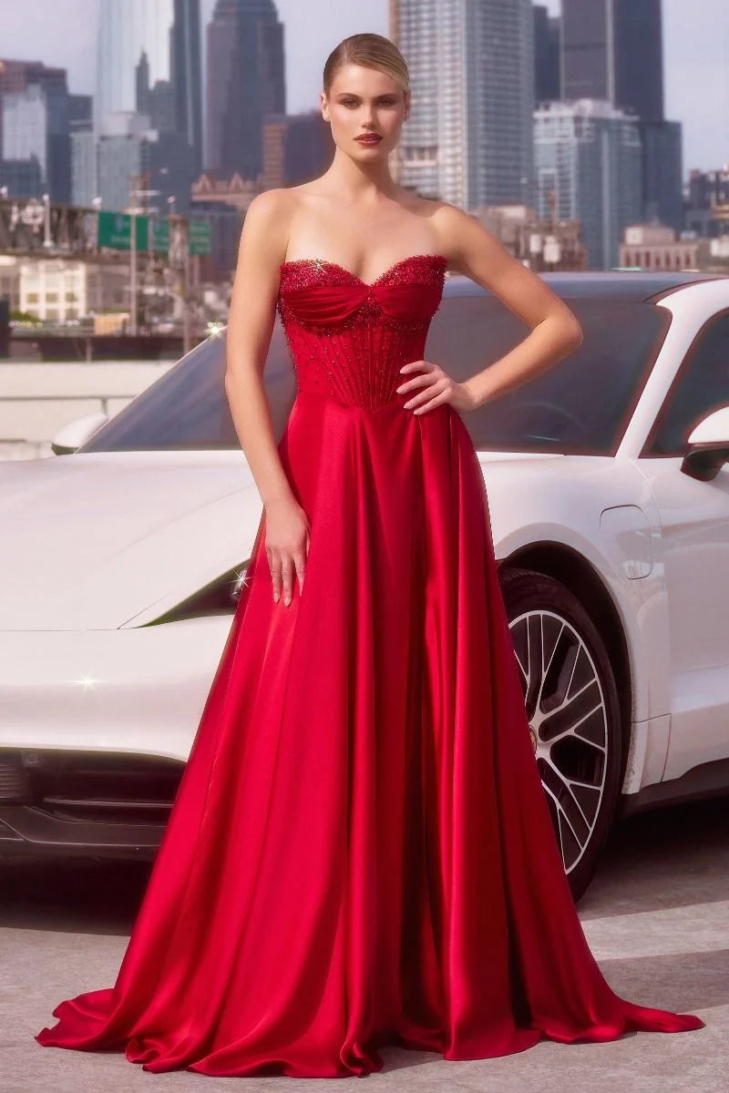 Loverlm red strapless sweetheart embellished satin A-line prom dress front view